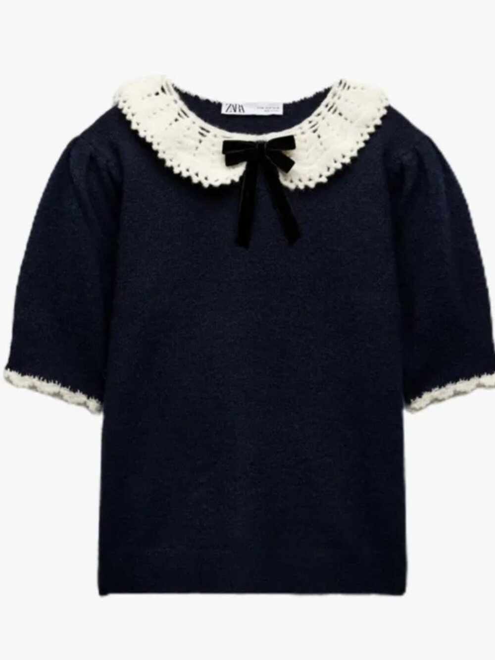ZARA Knit Peter Pan Collar Top Size Small Black & White Puff Sleeve Femme Preppy - Picture 3 of 11